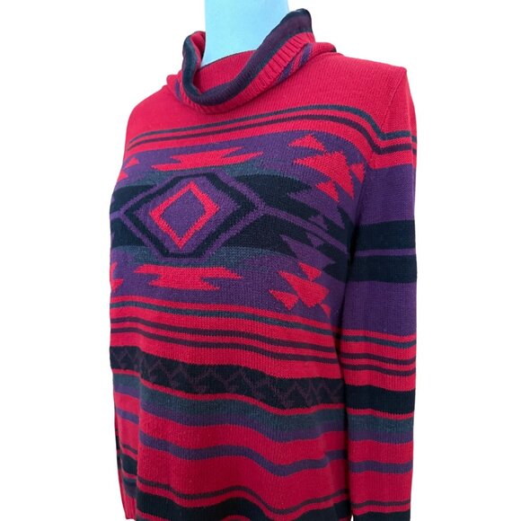 Chaps Retro Southwestern Tribal Aztec Cowl Neck Sweater Large Red Cowgirl - Picture 2 of 7